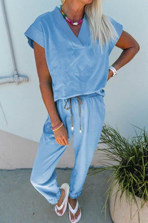 Light blue cotton drawstring loungewear set with v-neck top and jogger pants