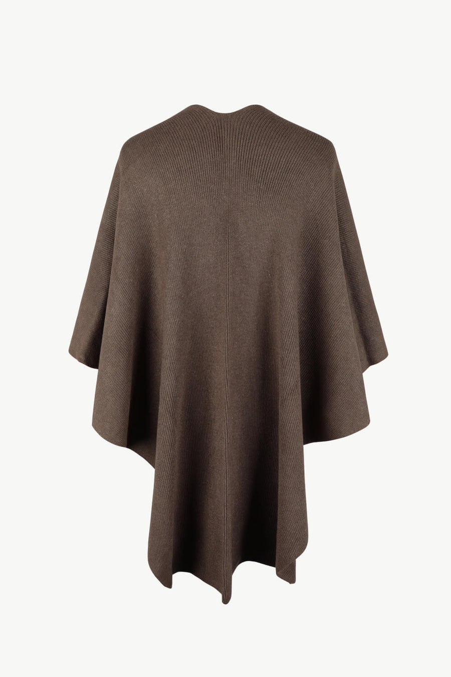 Taupe knit cape with ribbed texture and a draped silhouette, detailed with a subtle seam down the back.