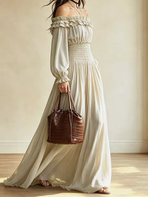100% polyester Care instructions: Machine wash cold maxi dress in Beige with A-line silhouette