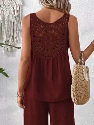 Burgundy lace-detail round neck sleeveless two-piece ensemble with cutout back detail.