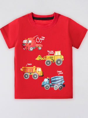 Red cotton t-shirt with cartoon construction vehicles including a tow truck, yellow digger, dump truck, and cement mixer.