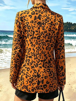camel blazer with hip-length and button-front