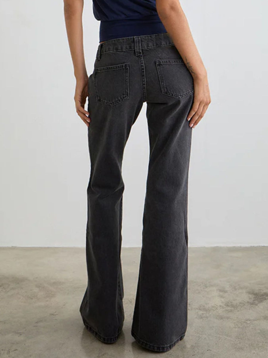 Dark gray low rise flare leg jeans with pockets and classic fit