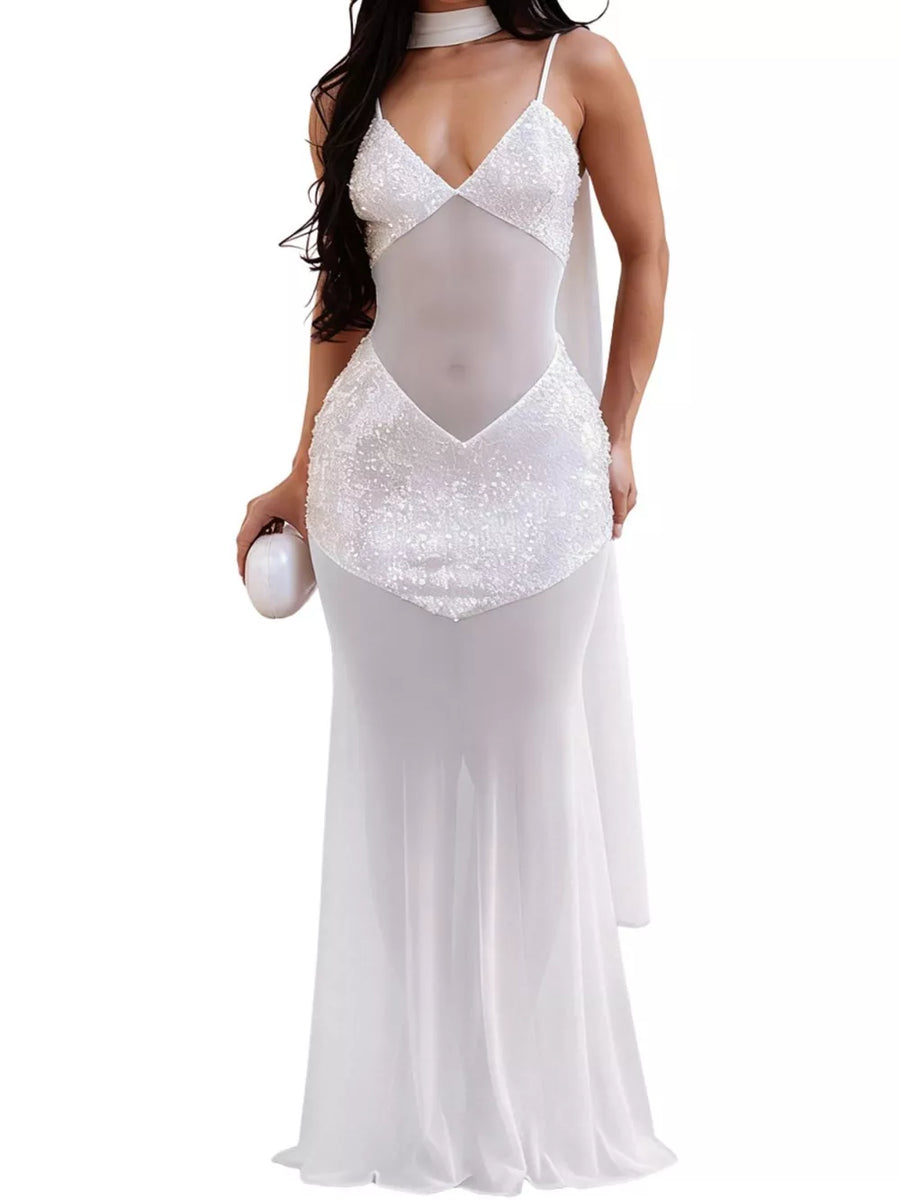 100% polyester Care instructions: Machine wash cold maxi dress in White with flared silhouette