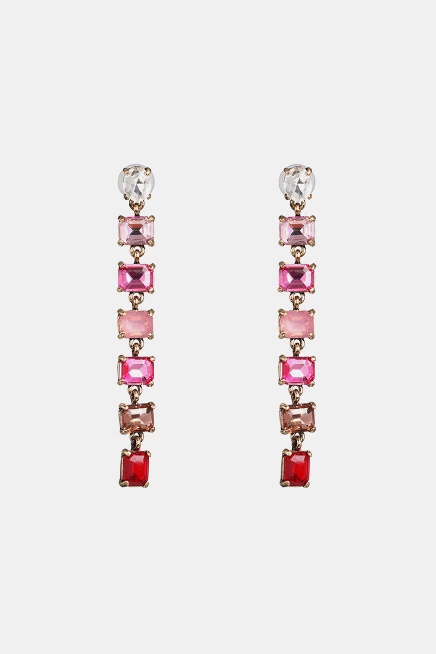 Ombre gemstone cascade earrings with pink and red rectangular stones and a clear top stone.