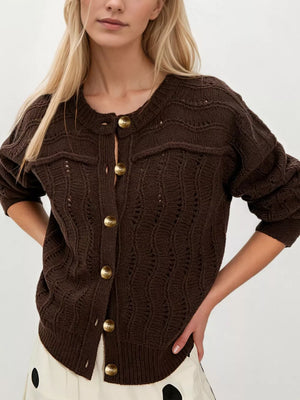 dark brown cardigan with openwork knit and round neck