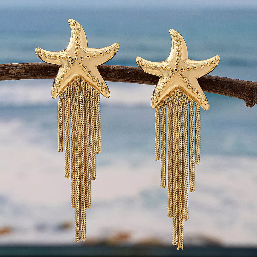 Gold earrings with long drop and post-back