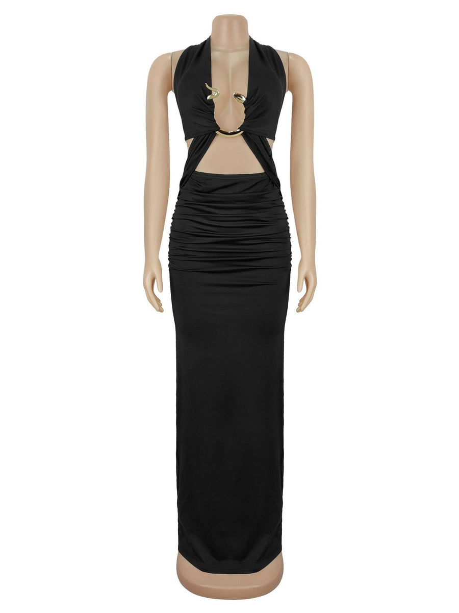 burgundy maxi dress with cutout and sleeveless