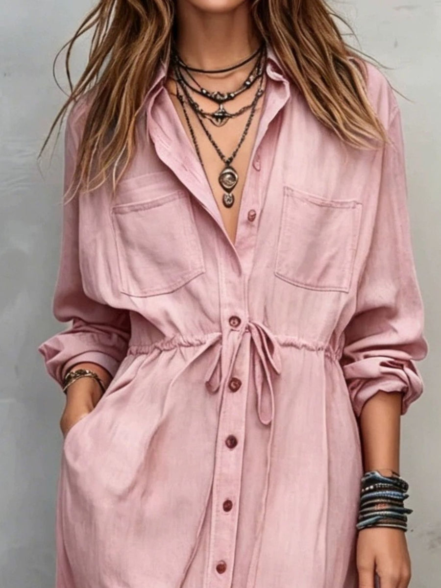 Full Size Button Front Long Sleeve Shirt Dress in Black
