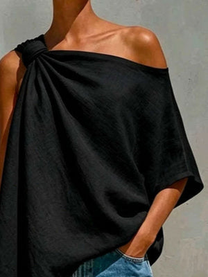 tan relaxed one-shoulder top with one-shoulder