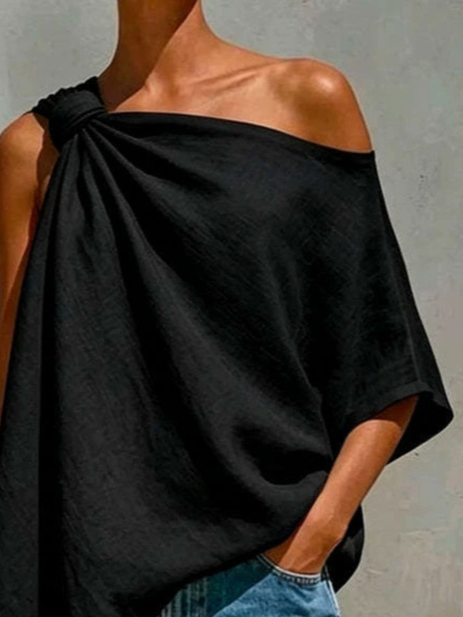 tan relaxed one-shoulder top with one-shoulder
