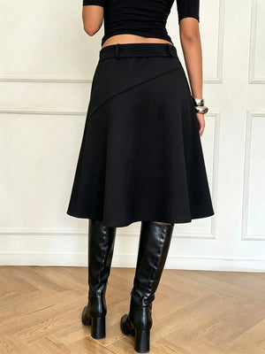 High-Waisted A-Line Midi Skirt With Belt in black