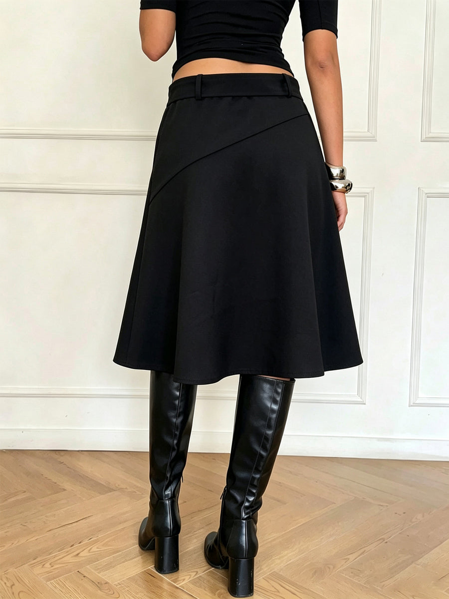 High-Waisted A-Line Midi Skirt With Belt in black