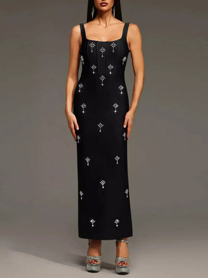 black bodycon dress with geometric and square neck