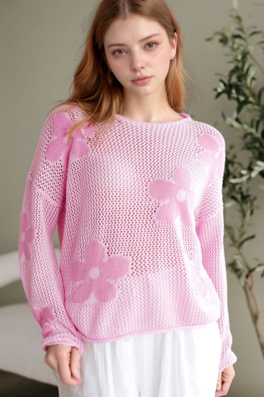 Blush Pink openwork floral intarsia acrylic sweater
