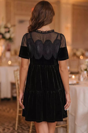 Embroidered Velvet Short Sleeve Mini Dress in Black