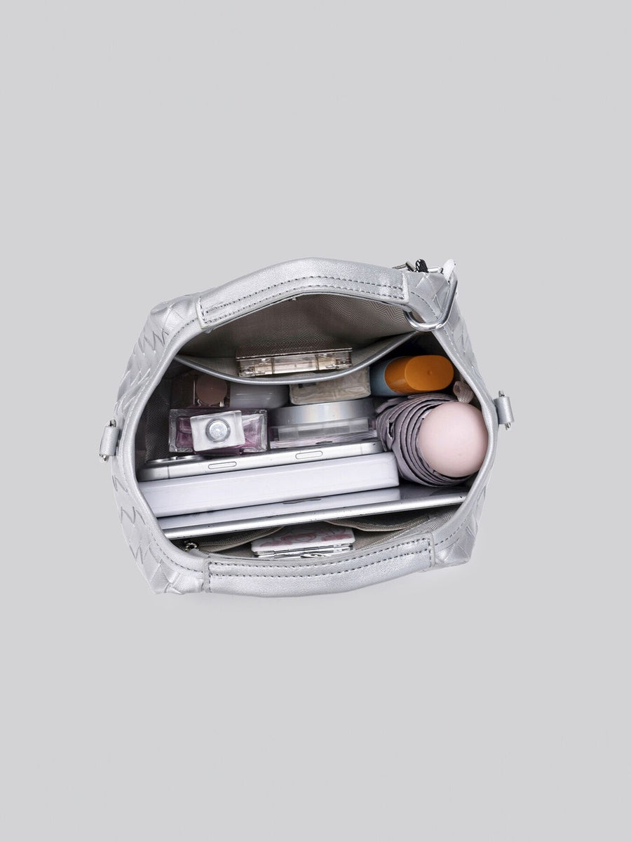 silver with shoulder bag with geometric with woven texture