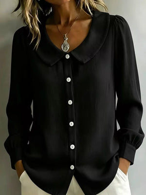 Blue button-down shirt with peter pan collar and long sleeve