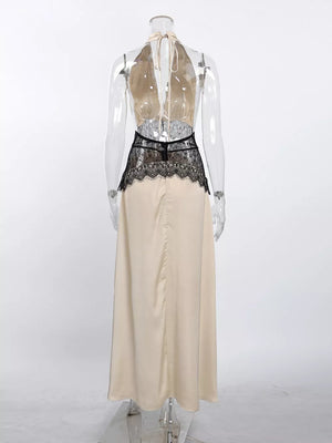 maxi dress in black with floral and lace detail