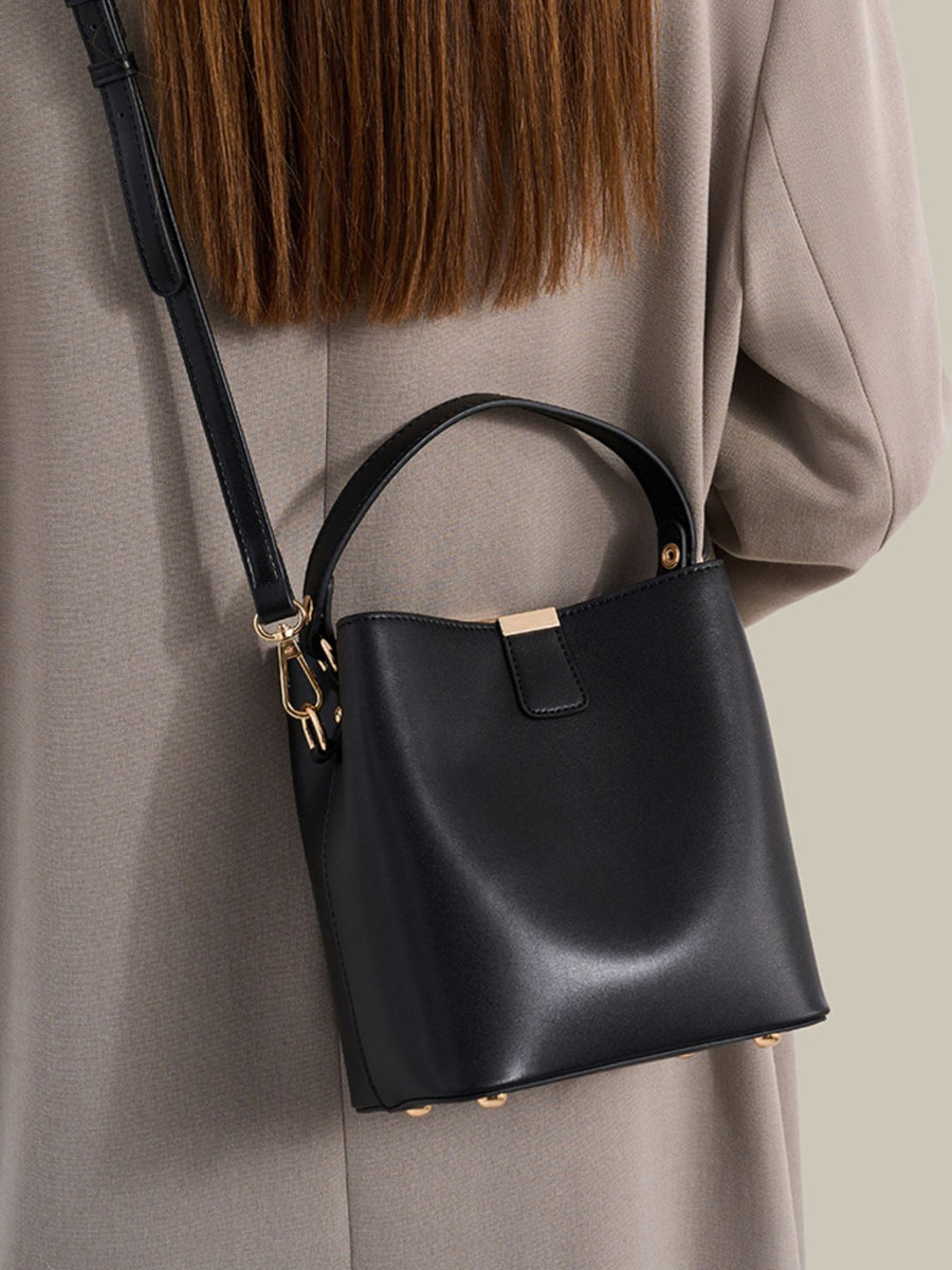 PU Leather Bucket Crossbody Bag in black with gold-tone hardware