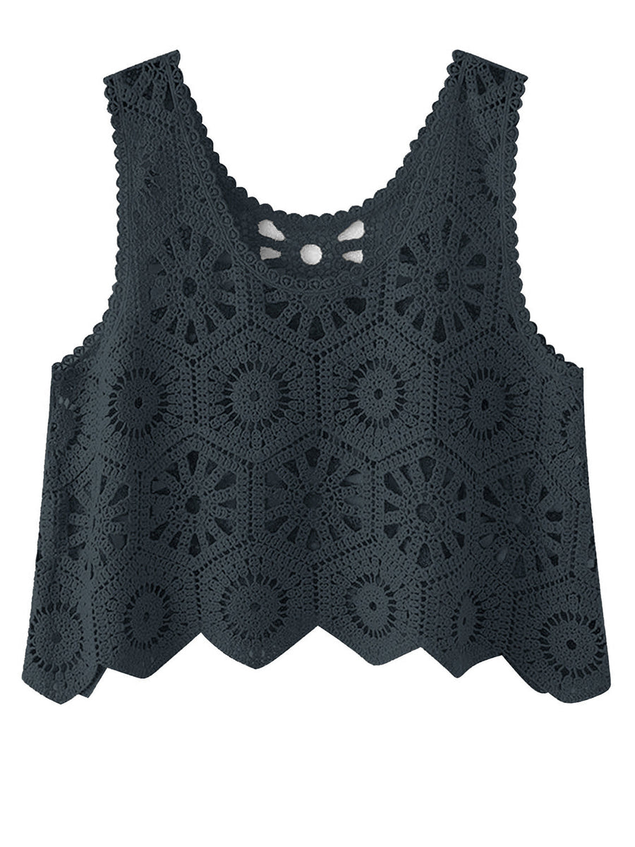 Dark Gray crochet medallion tank top with scalloped hem and cutout detail at neckline.