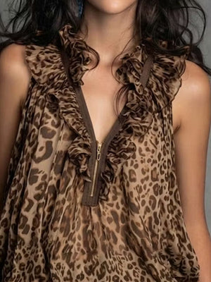 brown blouse featuring sheer and leopard-print