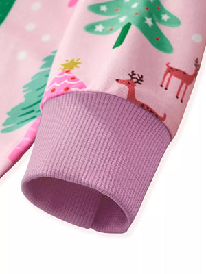 Dusty pink crew neck sweatshirt with Christmas tree and reindeer print and ribbed cuffs.