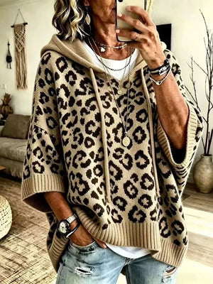dark brown pullover hoodie featuring drawstring and leopard