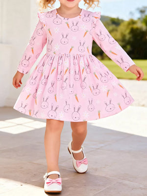blush pink A-line dress with bunny print and round neck