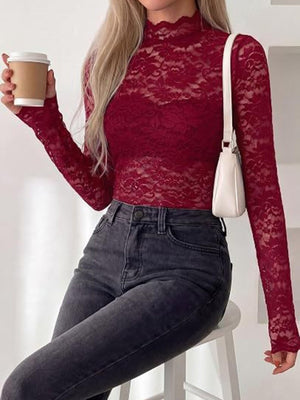 Mock Neck Floral Lace Long Sleeve Blouse in Black with lace