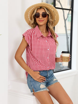 Green Plaid Button Up Cap Sleeve Shirt