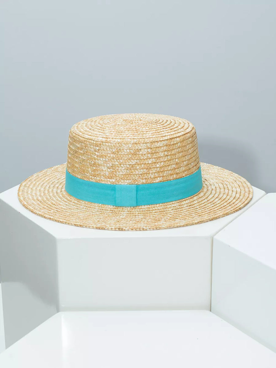 Women's straw boater hat with Lake Blue ribbon band