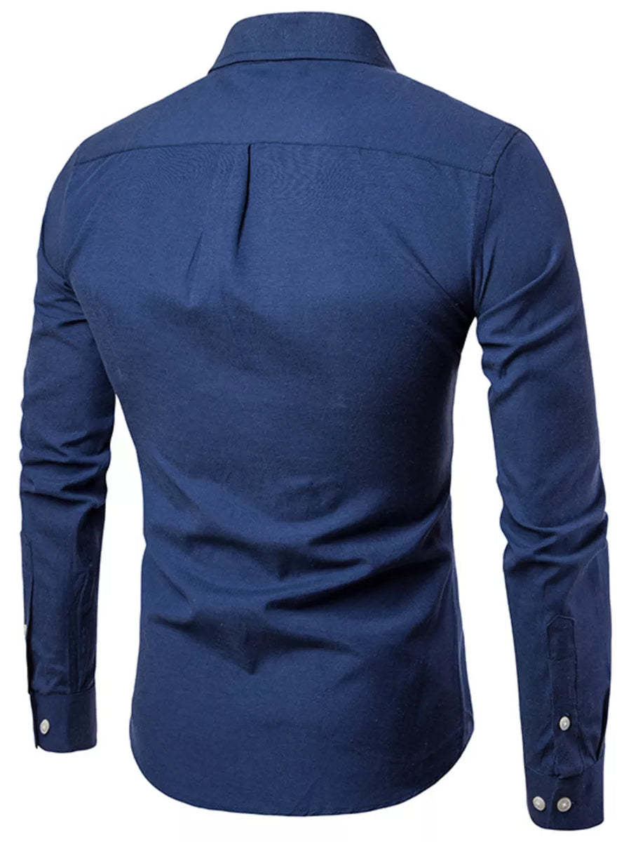 Navy blue cotton button-down shirt with long sleeves and back pleats.