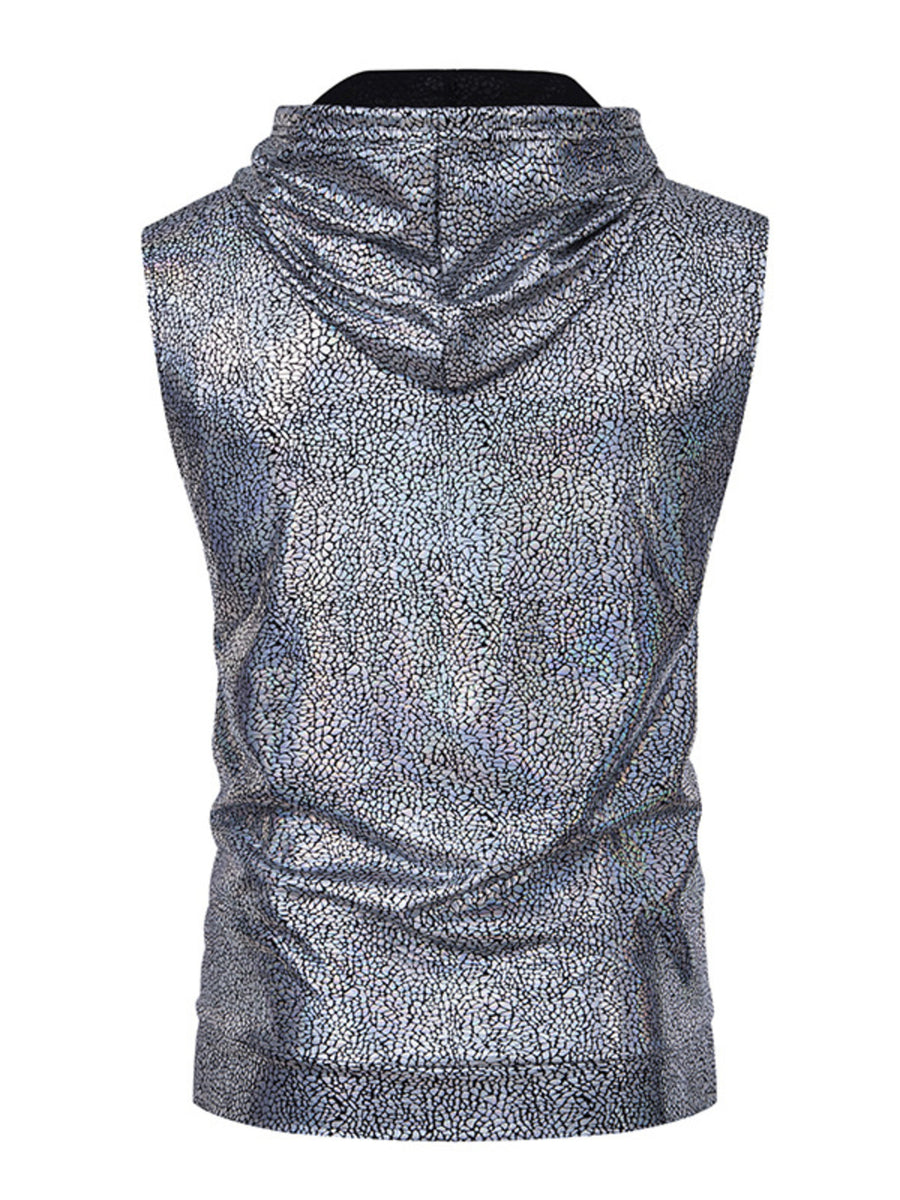 Men's silver iridescent sleeveless hooded tank top with cracked pattern