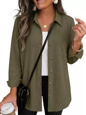 taupe button-down shirt with buttoned and long sleeve