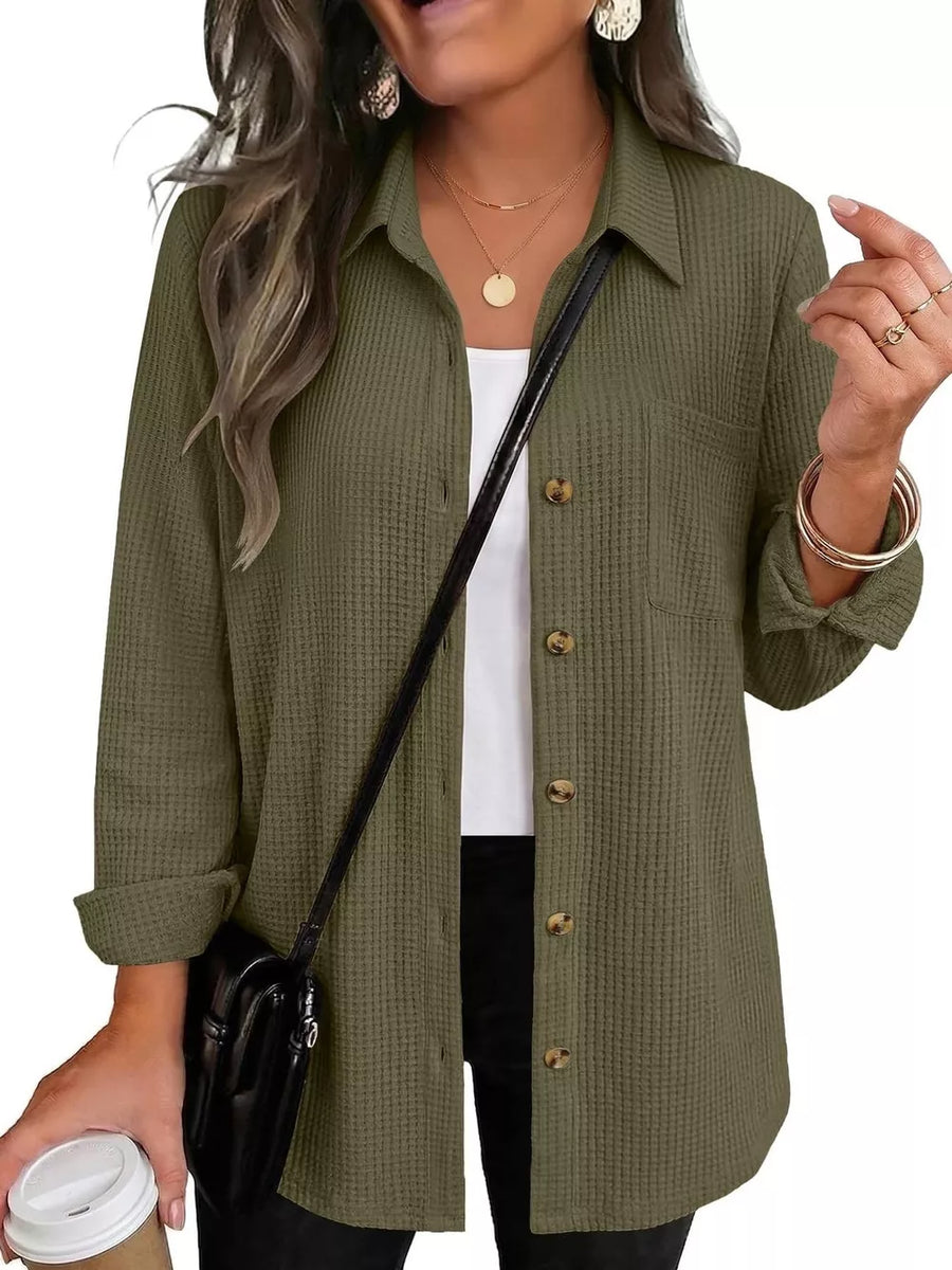 taupe button-down shirt with buttoned and long sleeve