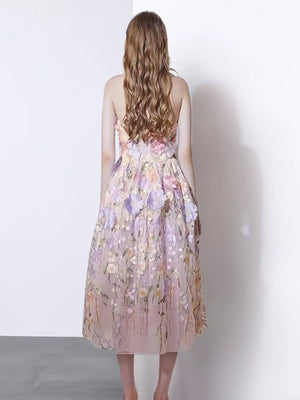 Midi dress in Purple Pink with 3D floral applique and a-line cut.