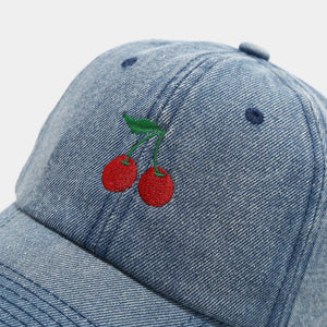 Cherry Embroidery Baseball Cap in medium wash denim with embroidered detail