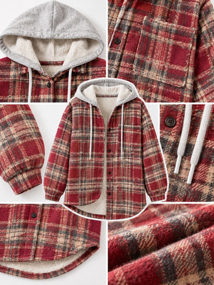 Plaid Button Up Hooded Shacket in Red-Lightweight with buttoned cuffs