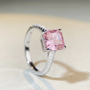 Pave 925 Sterling Silver Zircon Square Ring in Blush Pink with square cut stone