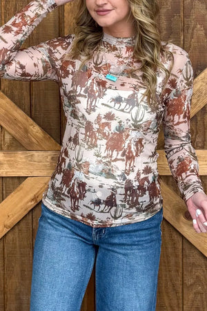 saddle brown blouse featuring mesh and western scene print