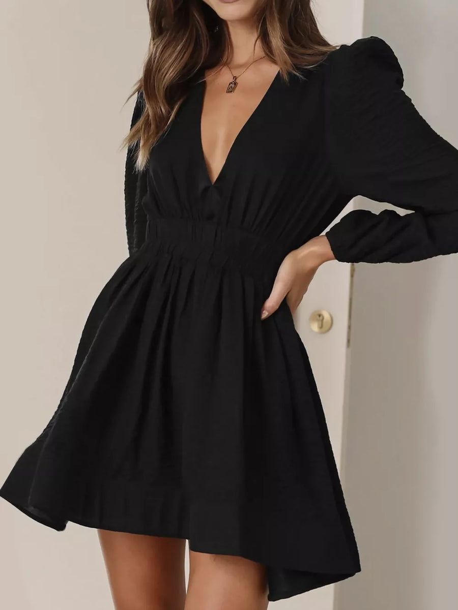 Black V-neck mini dress with puff sleeves and a-line skirt