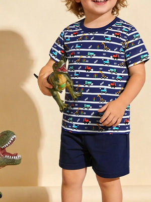 Navy cotton vehicle print t-shirt and shorts set for boys