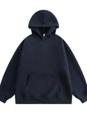 Navy blue long-sleeve hoodie with front pocket and hood.