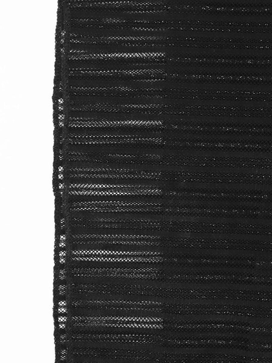 Black mini dress with glitter accents and a striped mesh texture.