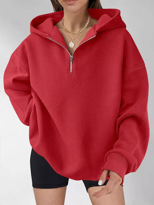 Khaki zip hoodie with hip-length and quarter-zip