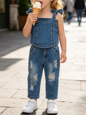 Blue Children's Tie Shoulder Tank And Distressed Jeans Set