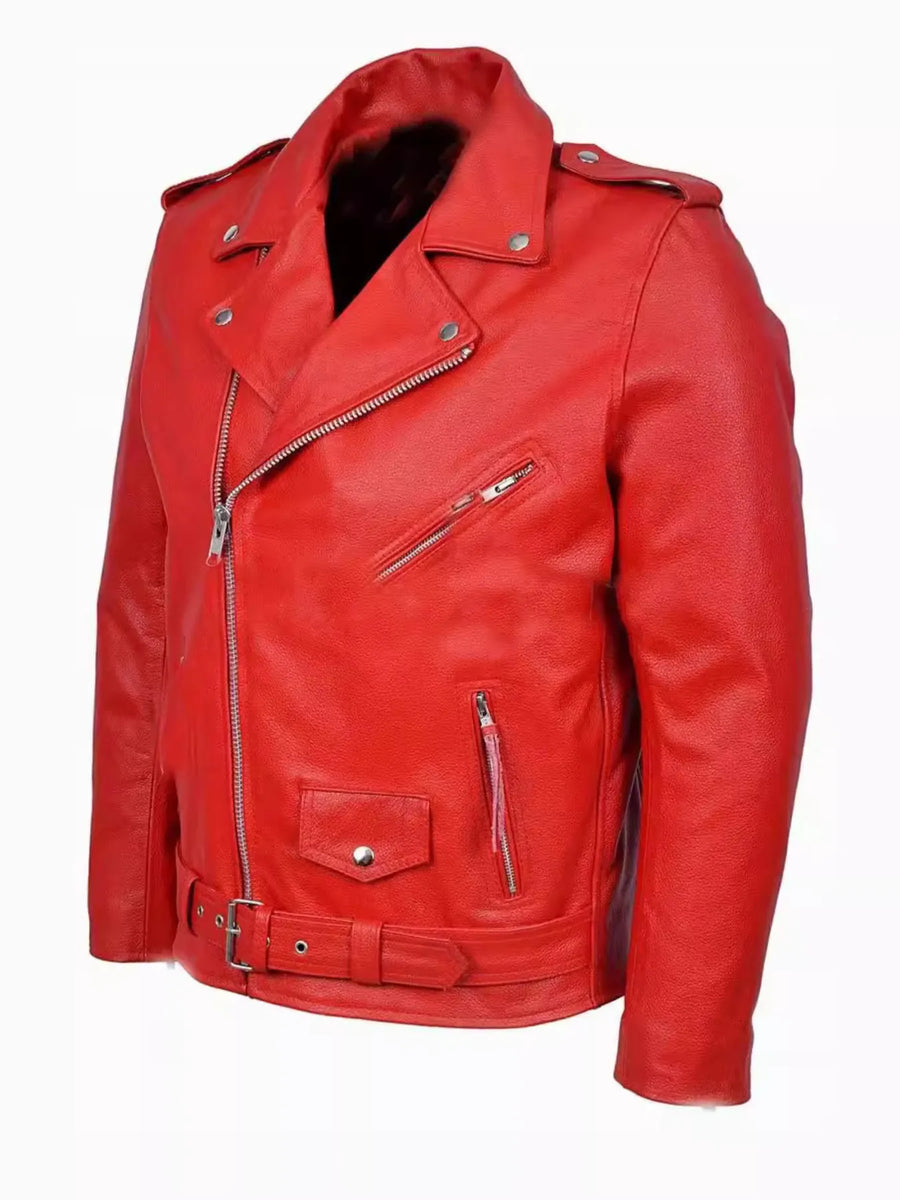 Red leather motorcycle jacket with zip closure, belt, and zippered pockets.