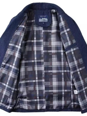 Dark blue denim blazer with plaid lining and notched lapels.