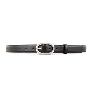 Black leather belt with brushed silver oval buckle